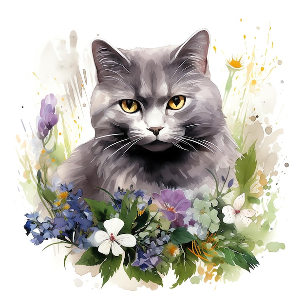 a watercolor painting of a cat in the flowers mountain pastel colors natural tone