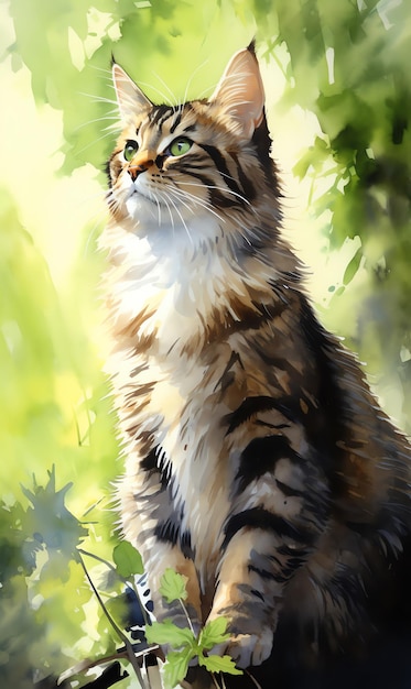 a watercolor painting of a cat in the flowers mountain pastel colors natural tone