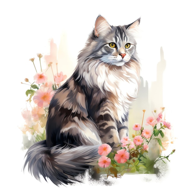 a watercolor painting of a cat in the flowers mountain pastel colors natural tone