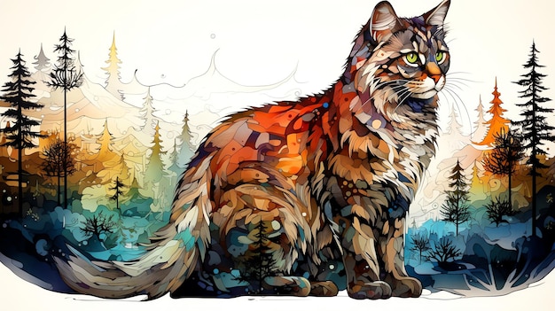 a watercolor painting of a cat in the flowers mountain pastel colors natural tone