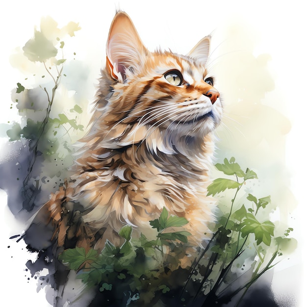 a watercolor painting of a cat in the flowers mountain pastel colors natural tone