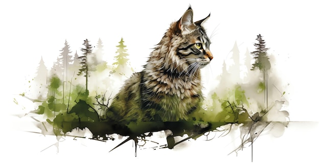 a watercolor painting of a cat in the flowers mountain pastel colors natural tone