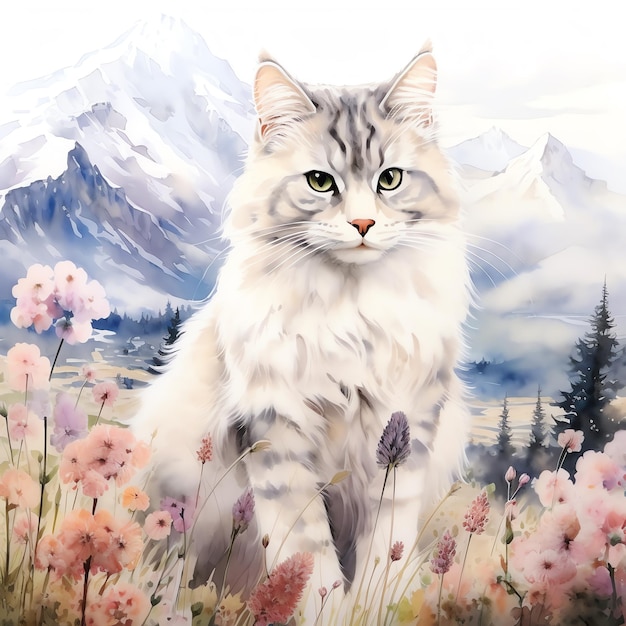 a watercolor painting of a cat in the flowers mountain pastel colors natural tone