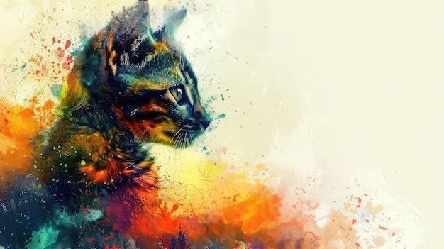 A watercolor painting of a cat in profile The cat is looking to the right of the frame The colors are vibrant and the brushstrokes are loose