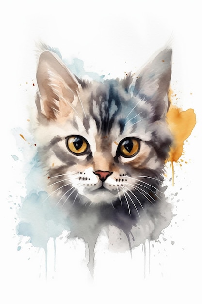 A watercolor painting of a cat's face with yellow eyes.