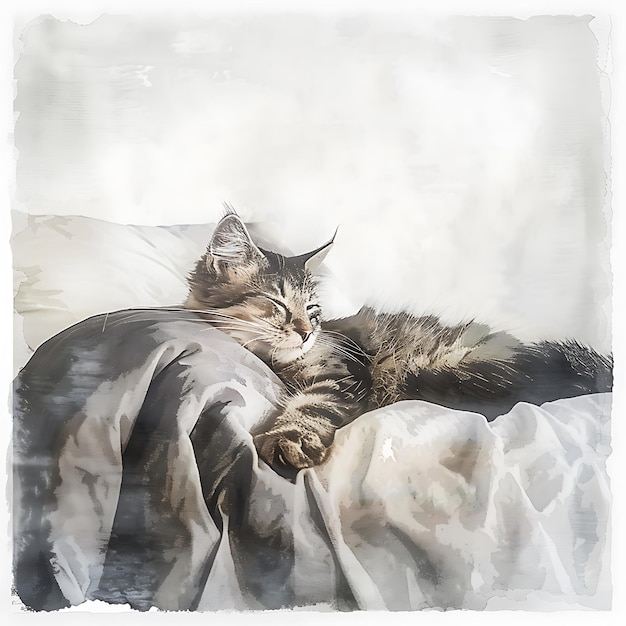 Photo watercolor painting of a cat sleeping in bed