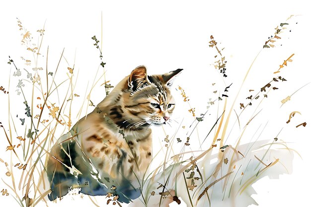 Photo watercolor painting of a cat in tall grass