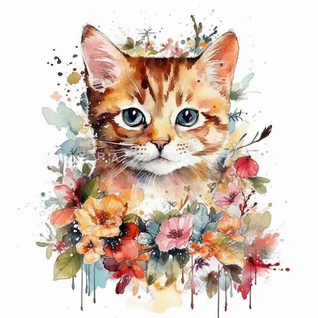 A watercolor painting of a cat with blue eyes and a bunch of flowers.