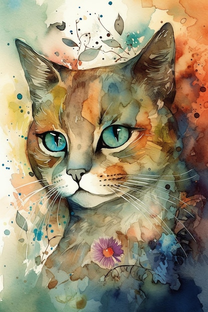 A watercolor painting of a cat with a crown on its head.