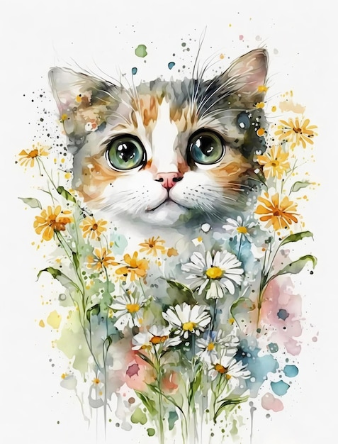 A watercolor painting of a cat with daisies on it.