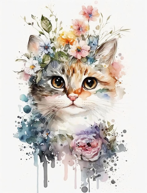 A watercolor painting of a cat with flowers on it.