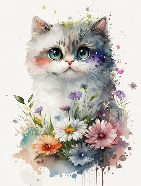 A watercolor painting of a cat with flowers.