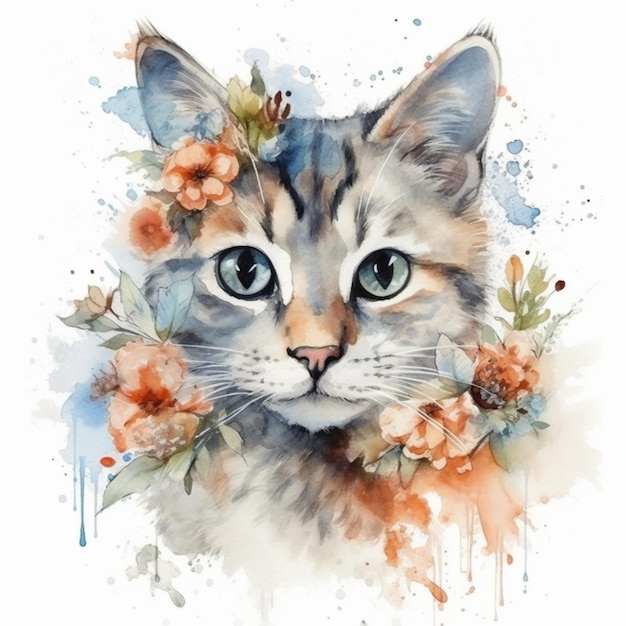 Watercolor painting of a cat with flowers