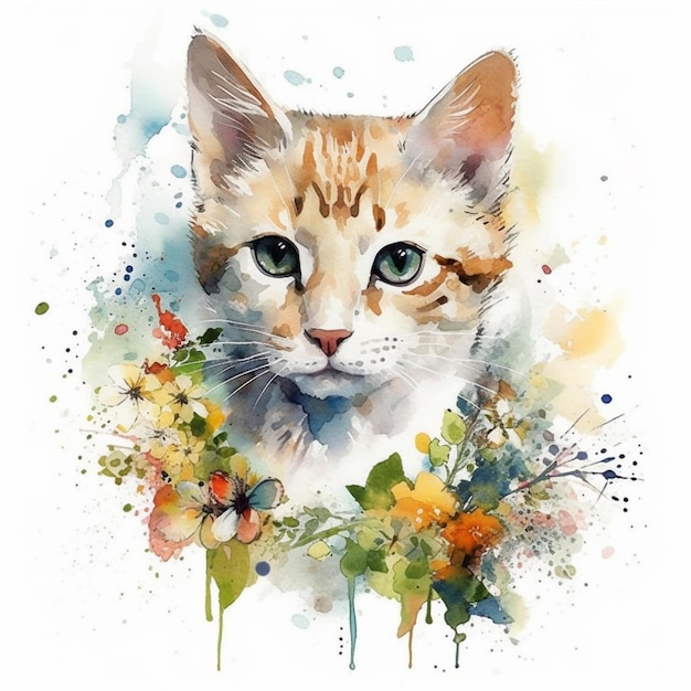 A watercolor painting of a cat with flowers.