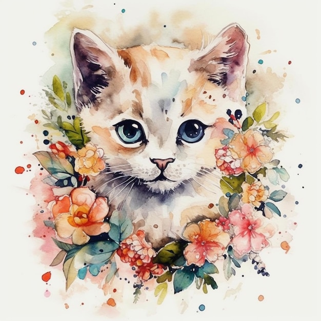 A watercolor painting of a cat with flowers.