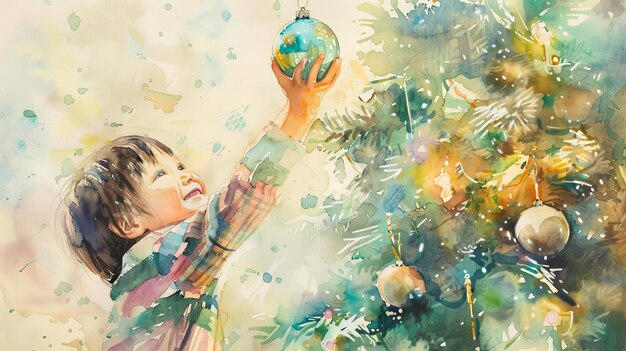 Watercolor painting of a Caucasian boy decorating a Christmas tree with ornaments around Concept of holiday decoration festive season childs joy winter celebration