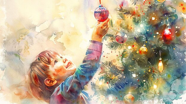 Watercolor painting of a Caucasian boy decorating a Christmas tree with ornaments around Concept of holiday decoration festive season childs joy winter celebration