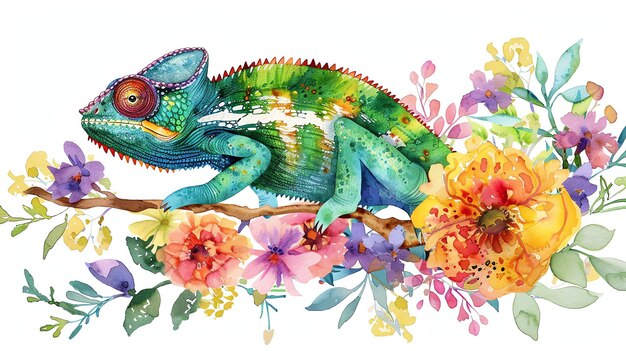 A watercolor painting of a chameleon on a branch with colorful flowers