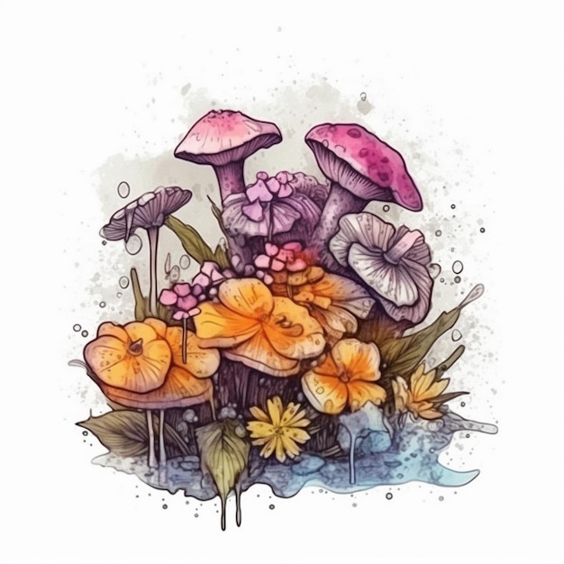 Watercolor painting of a charming bouquet of flowers and mushrooms