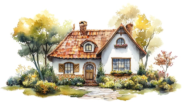 Watercolor painting of a charming cottage surrounded by trees and flowers