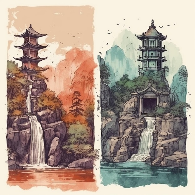 Watercolor painting of a charming temple