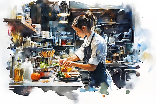 Watercolor Painting of a Chef Preparing Food in a Kitchen