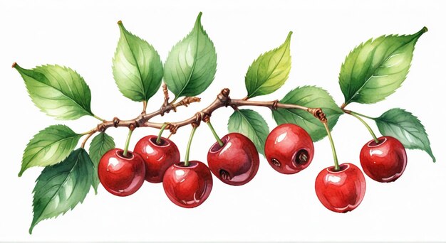 a watercolor painting of cherries with leaves and branches