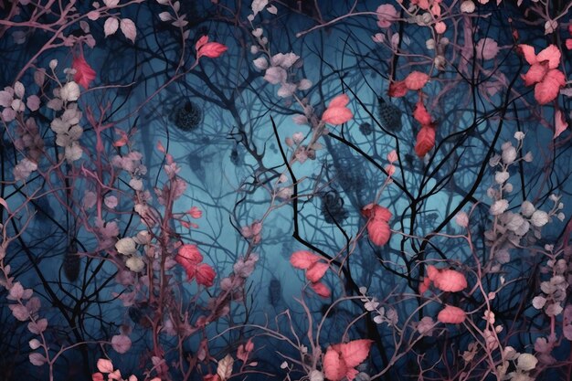 Watercolor painting of cherry blossom tree branch on dark blue background