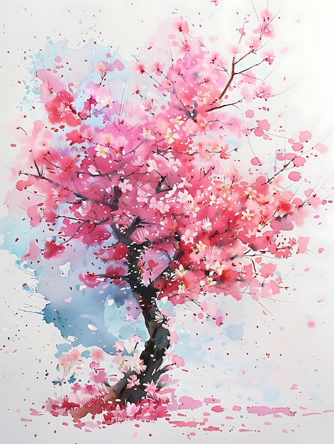 Photo watercolor painting of a cherry blossom tree in full bloom