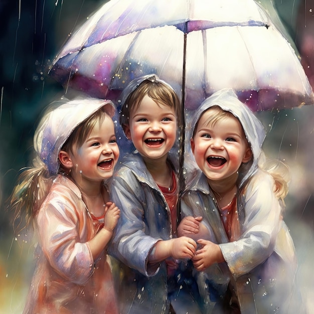 Watercolor painting of children laughing and playing