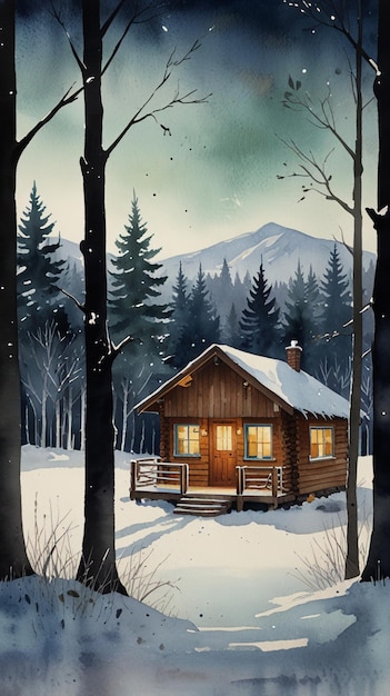 Watercolor Painting Chilly and Cozy minimalist painting capturing the essence of a frosty winter sce