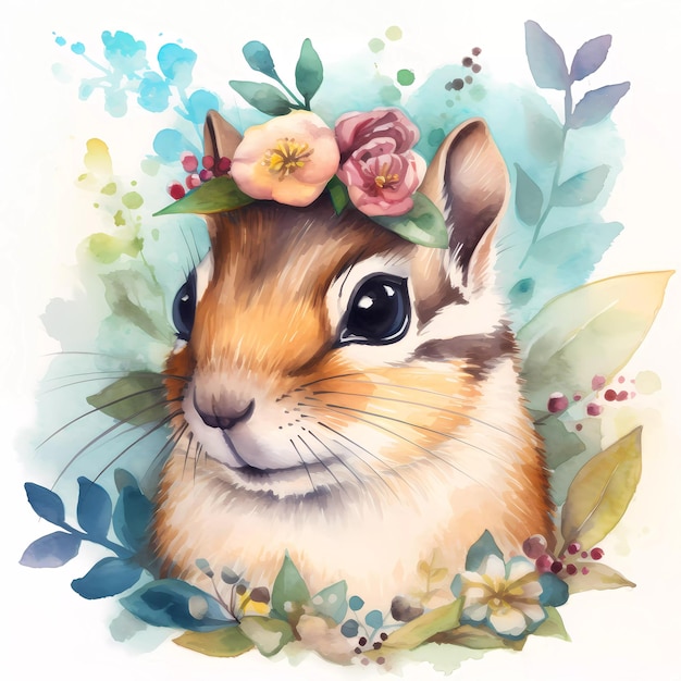 A watercolor painting of a chipmunk with leaves