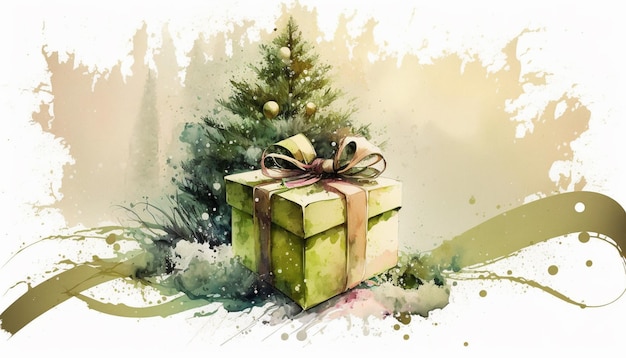 A watercolor painting of a christmas tree with a gift in the foreground.