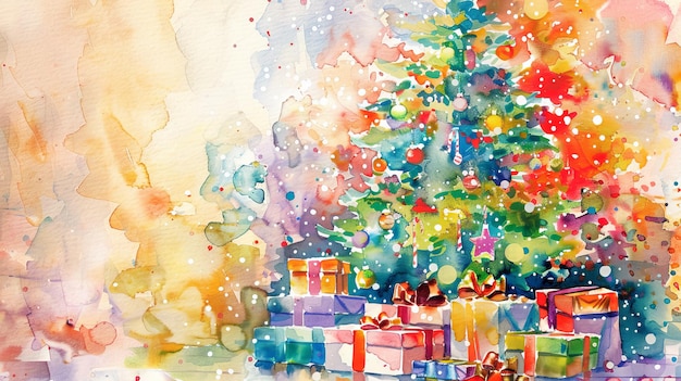 Watercolor painting of a Christmas tree with gifts Concept of holiday season festive celebration Christmas decorations holiday cheer Copy space