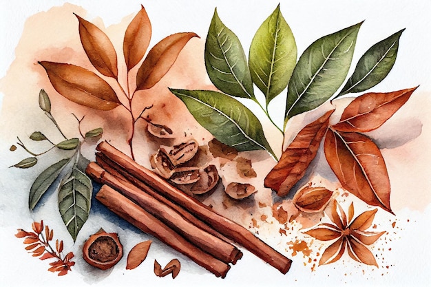 A watercolor painting of cinnamon and nuts