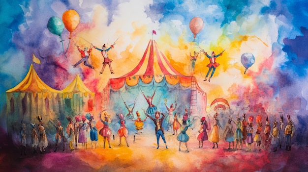 Watercolor painting of a circus scene with a big top tent clowns and hot air balloons