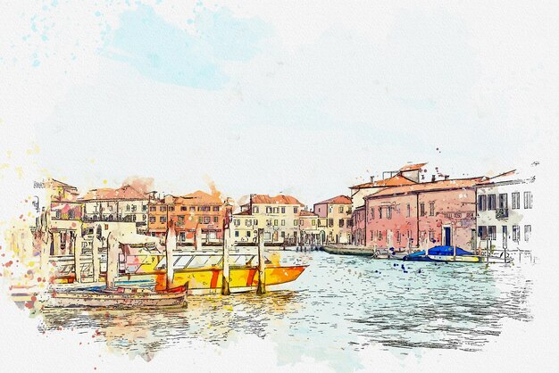 Photo watercolor painting city scape of venice famous landmark at italyvenezia italy