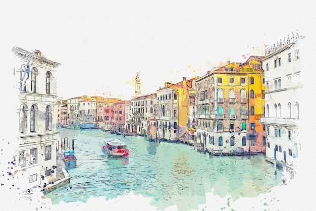 Photo watercolor painting city scape of venice famous landmark at italyvenezia italy