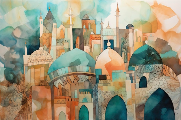 Watercolor painting of a city skyline featuring intricate architecture and reflections on water or glass surfaces generate ai