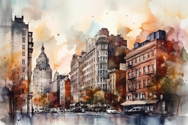 Watercolor painting of a cityscape with a building in the background.