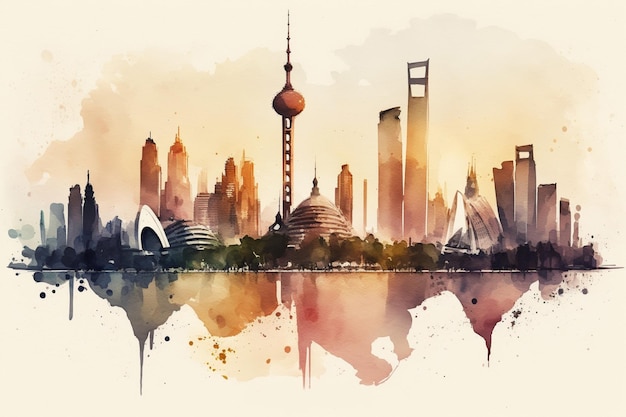 A watercolor painting of a cityscape with the shanghai skyline in the background.