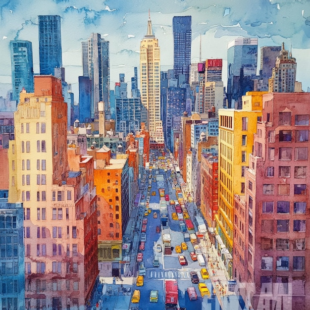 Photo watercolor painting of cityscape with traffic and buildings