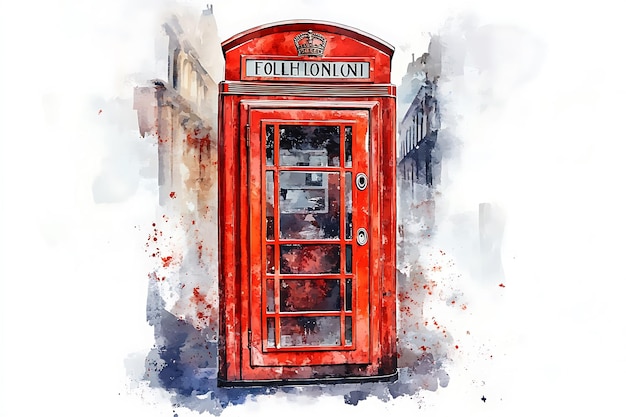 Photo watercolor painting of a classic red telephone box in london