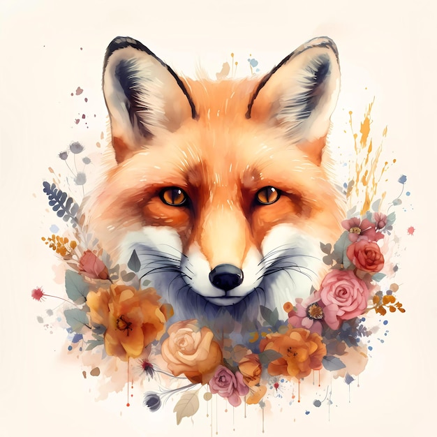 Watercolor painting clipart of a fox portrait