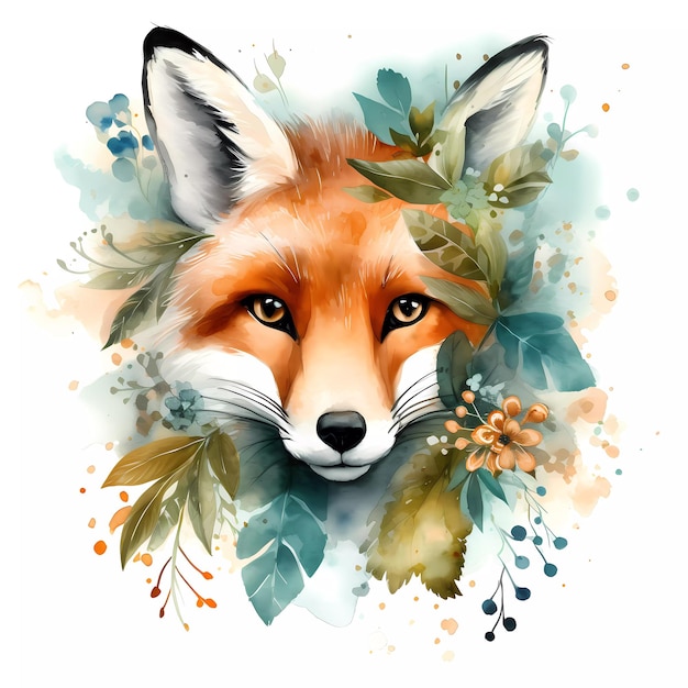 Watercolor painting clipart of a fox portrait