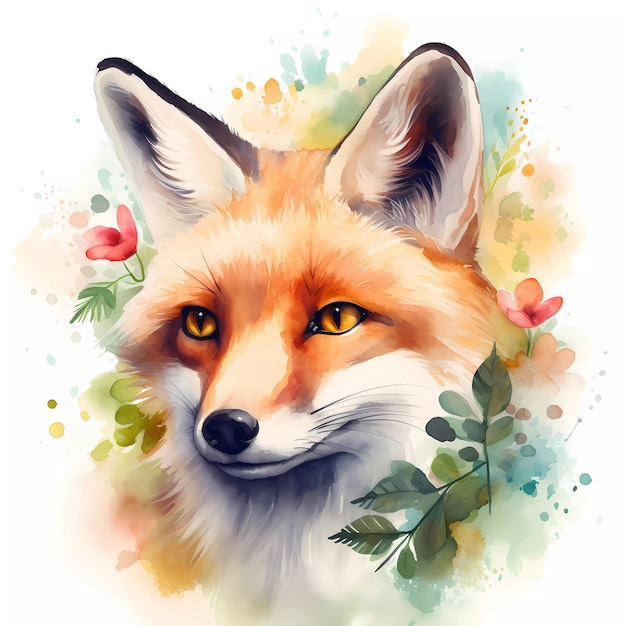 Watercolor painting clipart of a fox portrait