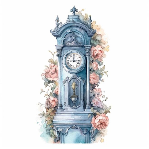 A watercolor painting of a clock with the time