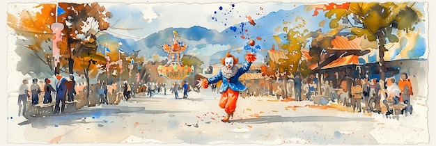 Watercolor painting of a clown performing magic tricks in an amusement park