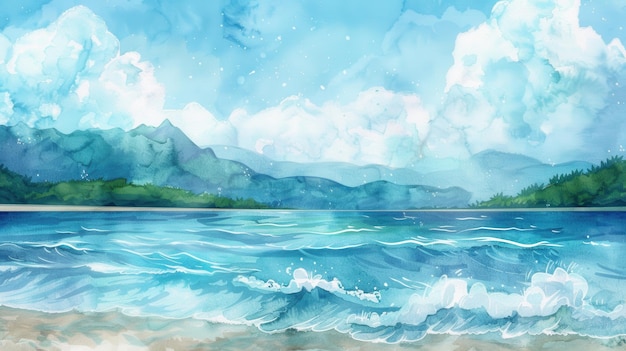 Photo watercolor painting of a coastal landscape with mountains and ocean waves