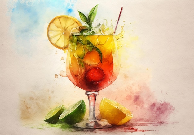 A watercolor painting of a cocktail with limes and lemons.